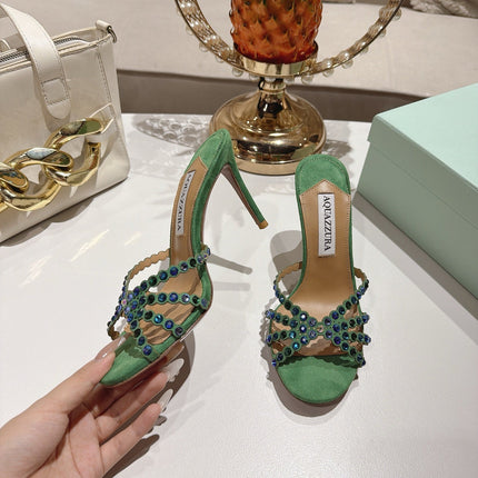 AQUAZZURA 26S HIGH-HEEL SANDALS 85 MM IN GREEN SUEDE