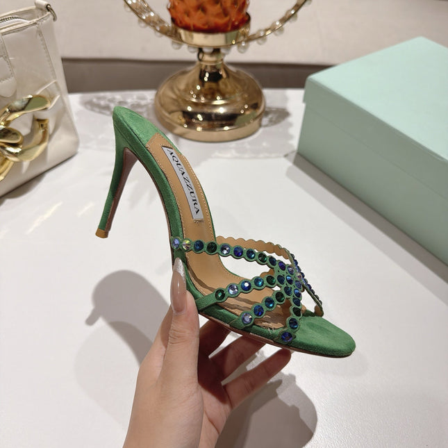 AQUAZZURA 26S HIGH-HEEL SANDALS 85 MM IN GREEN SUEDE