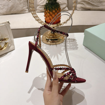 AQUAZZURA 26S HEELED SANDALS 100 MM IN DARK RED SUEDE RHINESTONE EMBELLISHED