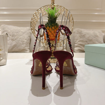 AQUAZZURA 26S HEELED SANDALS 100 MM IN DARK RED SUEDE RHINESTONE EMBELLISHED