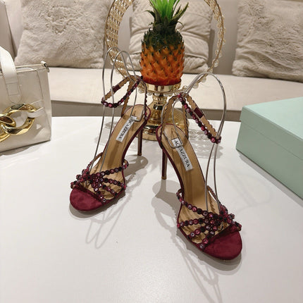 AQUAZZURA 26S HEELED SANDALS 100 MM IN DARK RED SUEDE RHINESTONE EMBELLISHED
