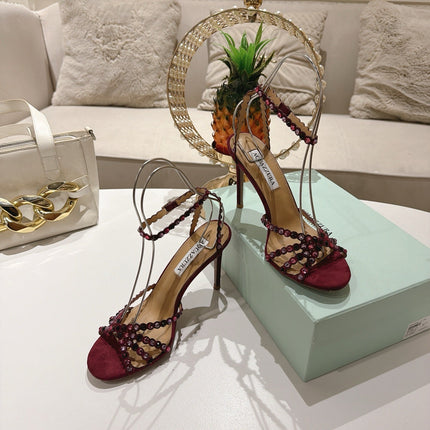 AQUAZZURA 26S HEELED SANDALS 100 MM IN DARK RED SUEDE RHINESTONE EMBELLISHED