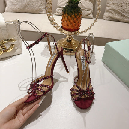AQUAZZURA 26S HEELED SANDALS 100 MM IN DARK RED SUEDE RHINESTONE EMBELLISHED