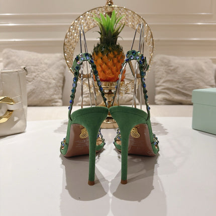AQUAZZURA 26S HEELED SANDALS 100 MM IN DARK GREEN SUEDE RHINESTONE EMBELLISHED