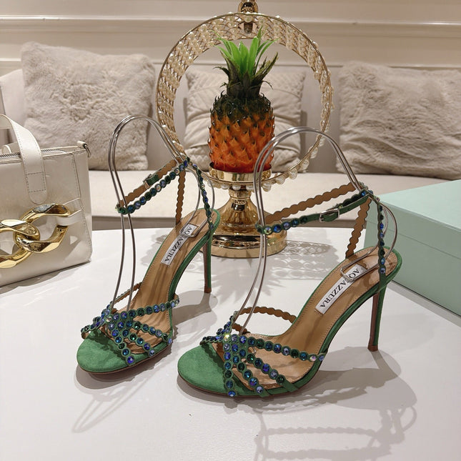AQUAZZURA 26S HEELED SANDALS 100 MM IN DARK GREEN SUEDE RHINESTONE EMBELLISHED