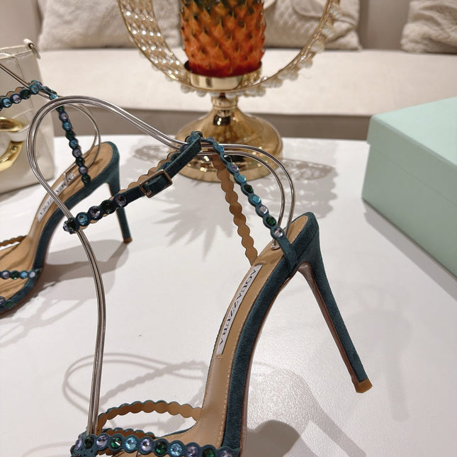 AQUAZZURA 26S HEELED SANDALS 100 MM IN DARK TEAL GREEN SUEDE RHINESTONE EMBELLISHED