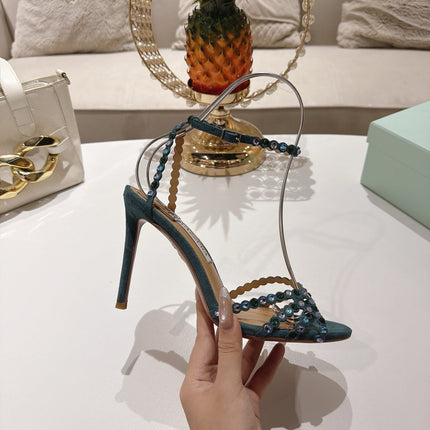 AQUAZZURA 26S HEELED SANDALS 100 MM IN DARK TEAL GREEN SUEDE RHINESTONE EMBELLISHED