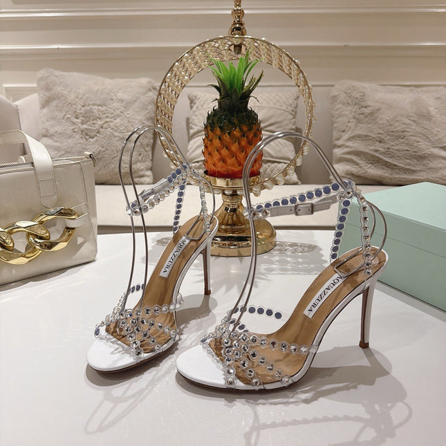 AQUAZZURA 26S HEELED SANDALS 100 MM IN WHITE LAMBSKIN RHINESTONE EMBELLISHED