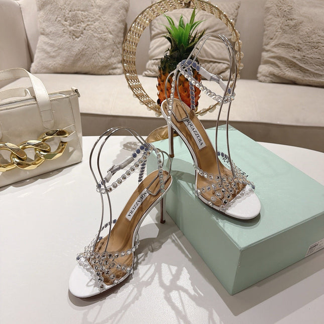 AQUAZZURA 26S HEELED SANDALS 100 MM IN WHITE LAMBSKIN RHINESTONE EMBELLISHED