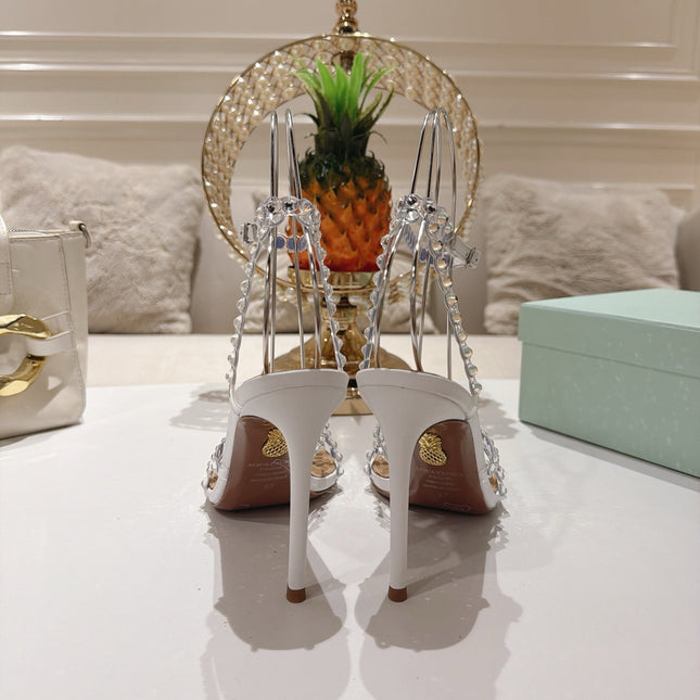 AQUAZZURA 26S HEELED SANDALS 100 MM IN WHITE LAMBSKIN RHINESTONE EMBELLISHED
