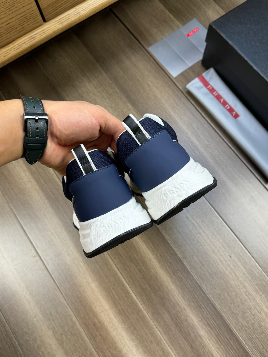 PRA SNEAKER NAVY BLUE NAPPA CALFSKIN AND FLYKNIT FABRIC