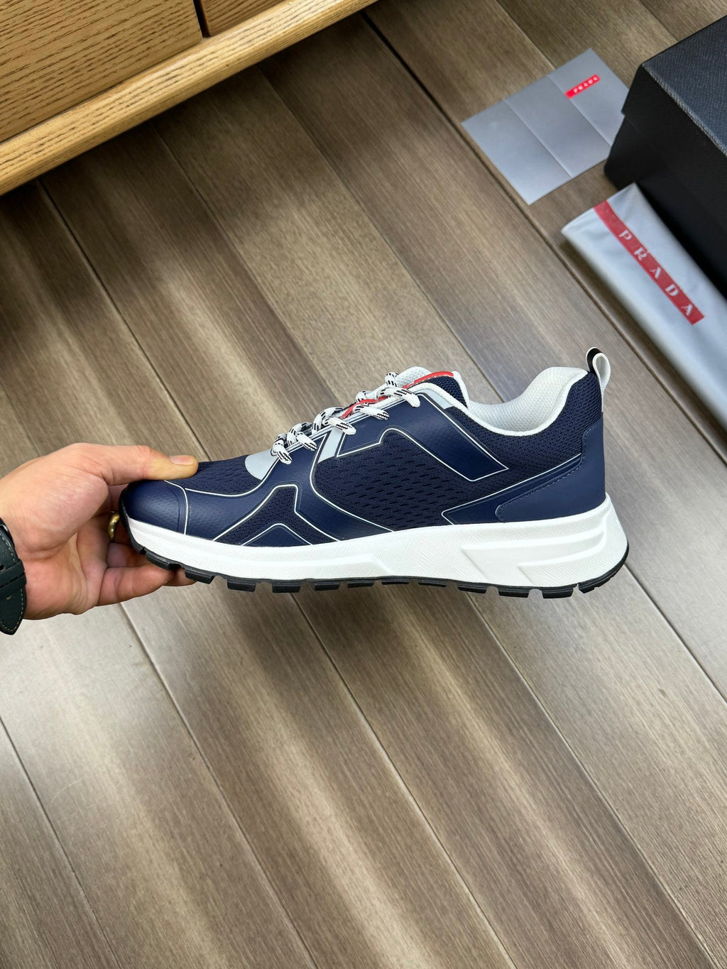 PRA SNEAKER NAVY BLUE NAPPA CALFSKIN AND FLYKNIT FABRIC