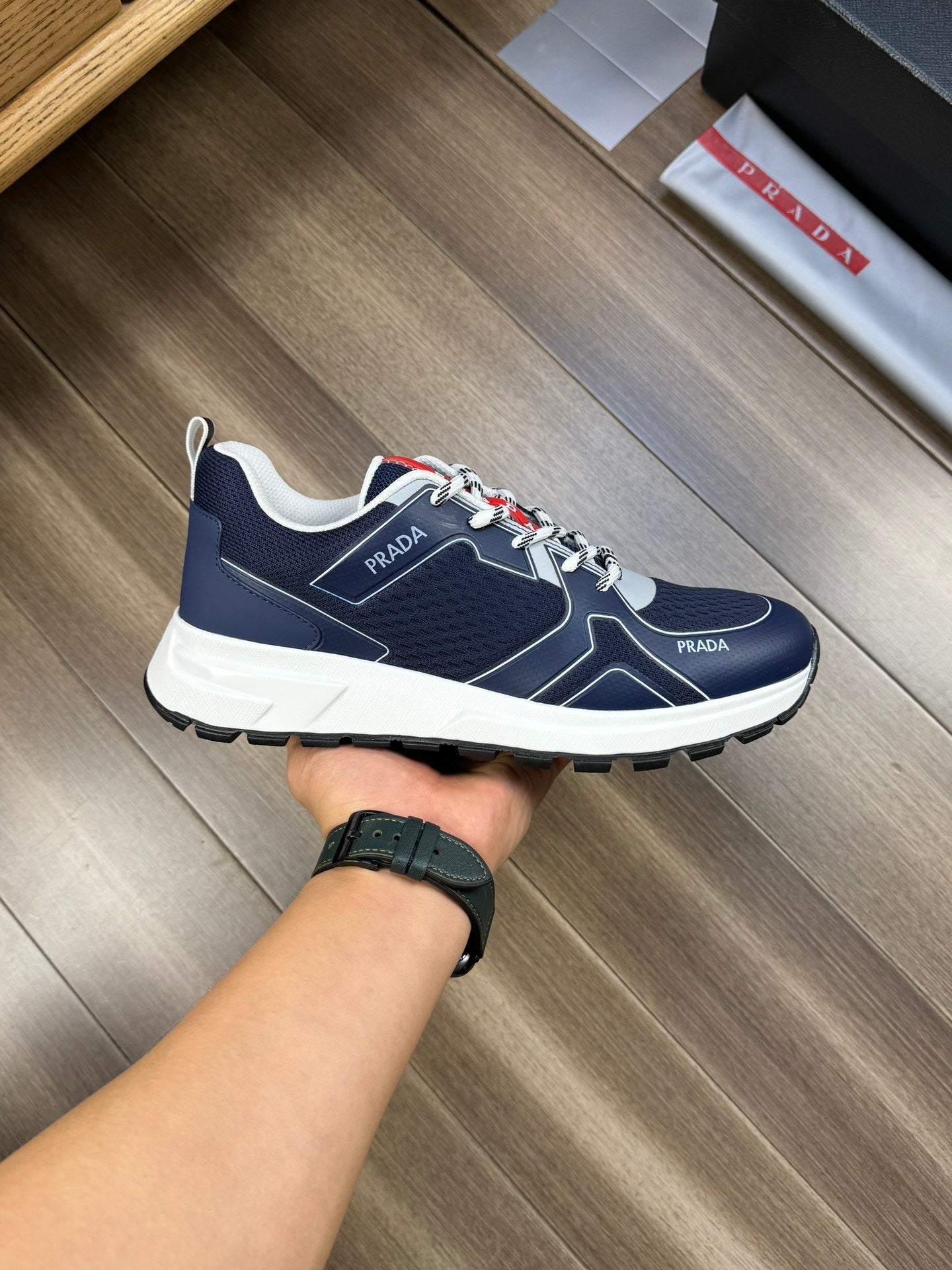 PRA SNEAKER NAVY BLUE NAPPA CALFSKIN AND FLYKNIT FABRIC