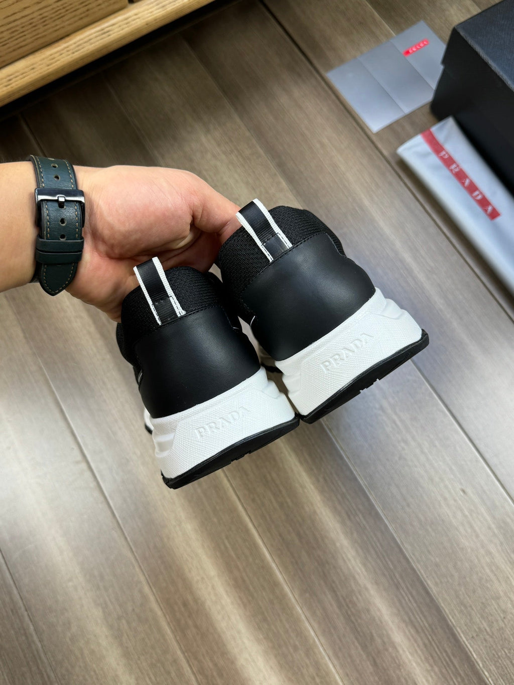 PRA SNEAKER BLACK NAPPA CALFSKIN AND FLYKNIT FABRIC