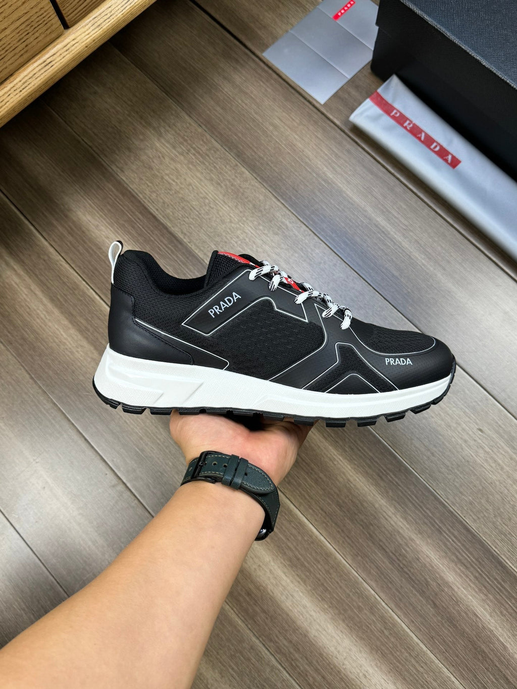 PRA SNEAKER BLACK NAPPA CALFSKIN AND FLYKNIT FABRIC