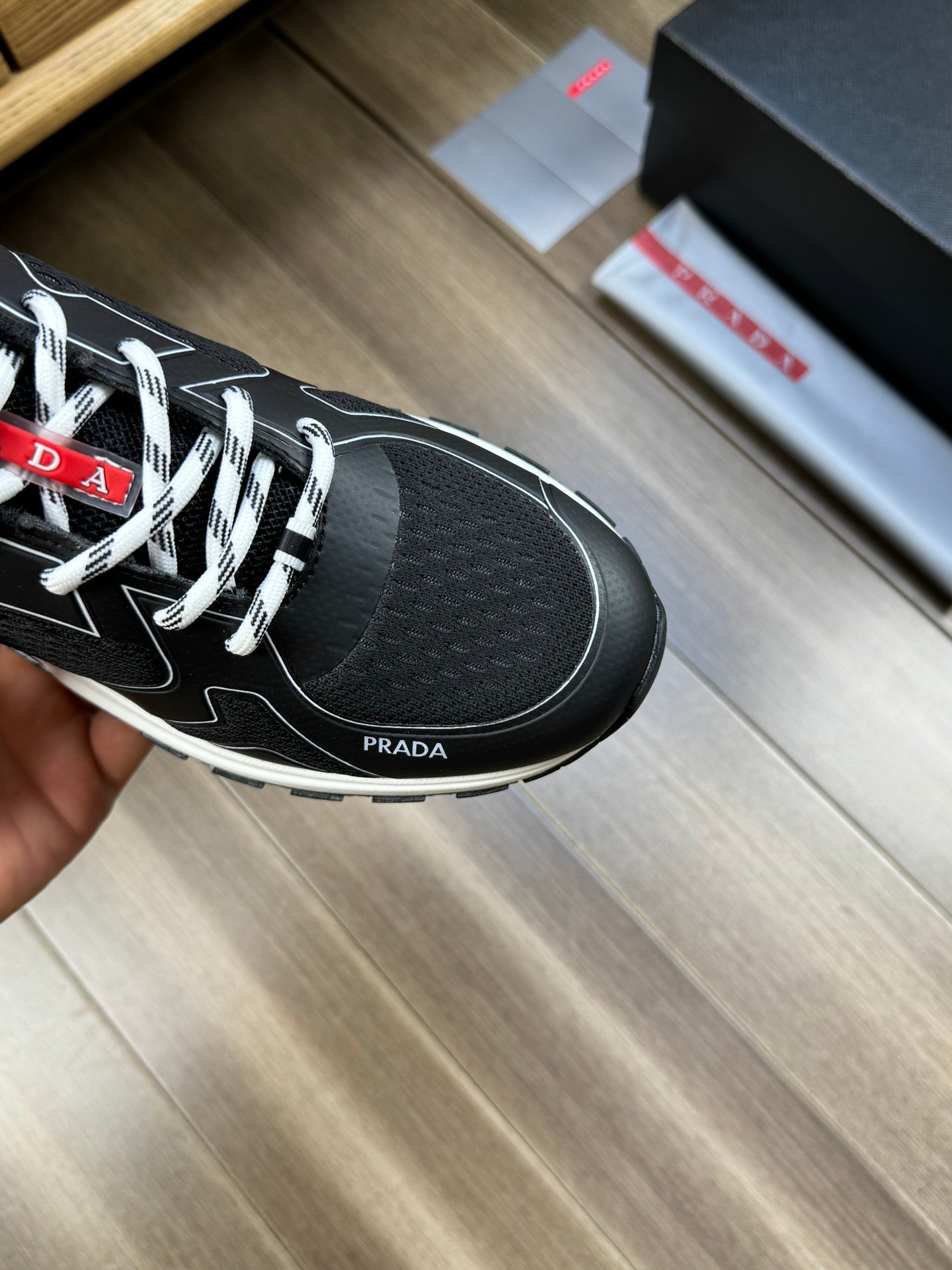 PRA SNEAKER BLACK NAPPA CALFSKIN AND FLYKNIT FABRIC