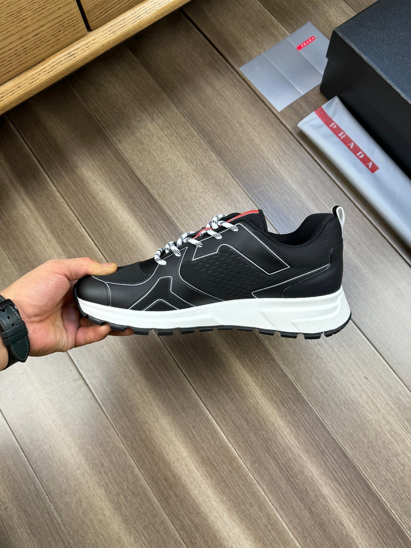 PRA SNEAKER BLACK NAPPA CALFSKIN AND FLYKNIT FABRIC