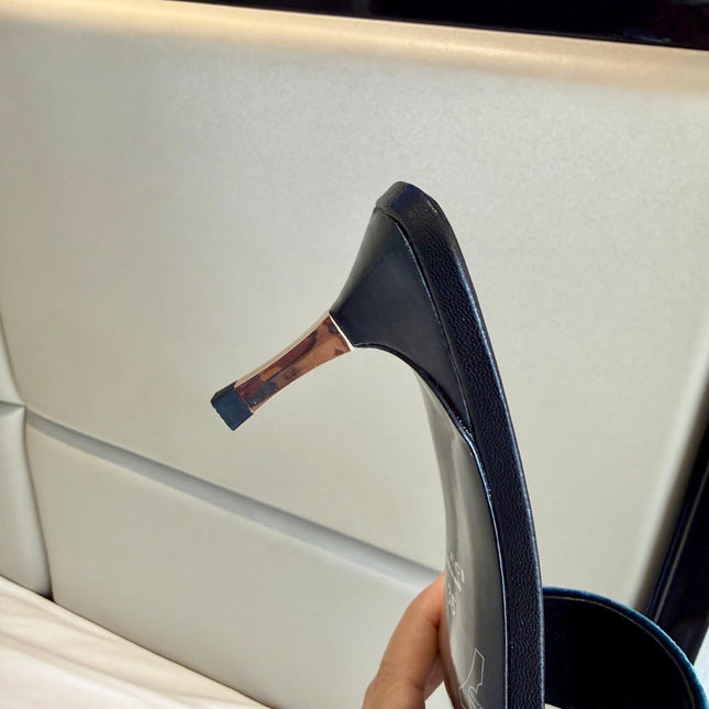 GUCCI 26S SLIDE SANDALS 55 MM IN DUSTY BLUE VELVET