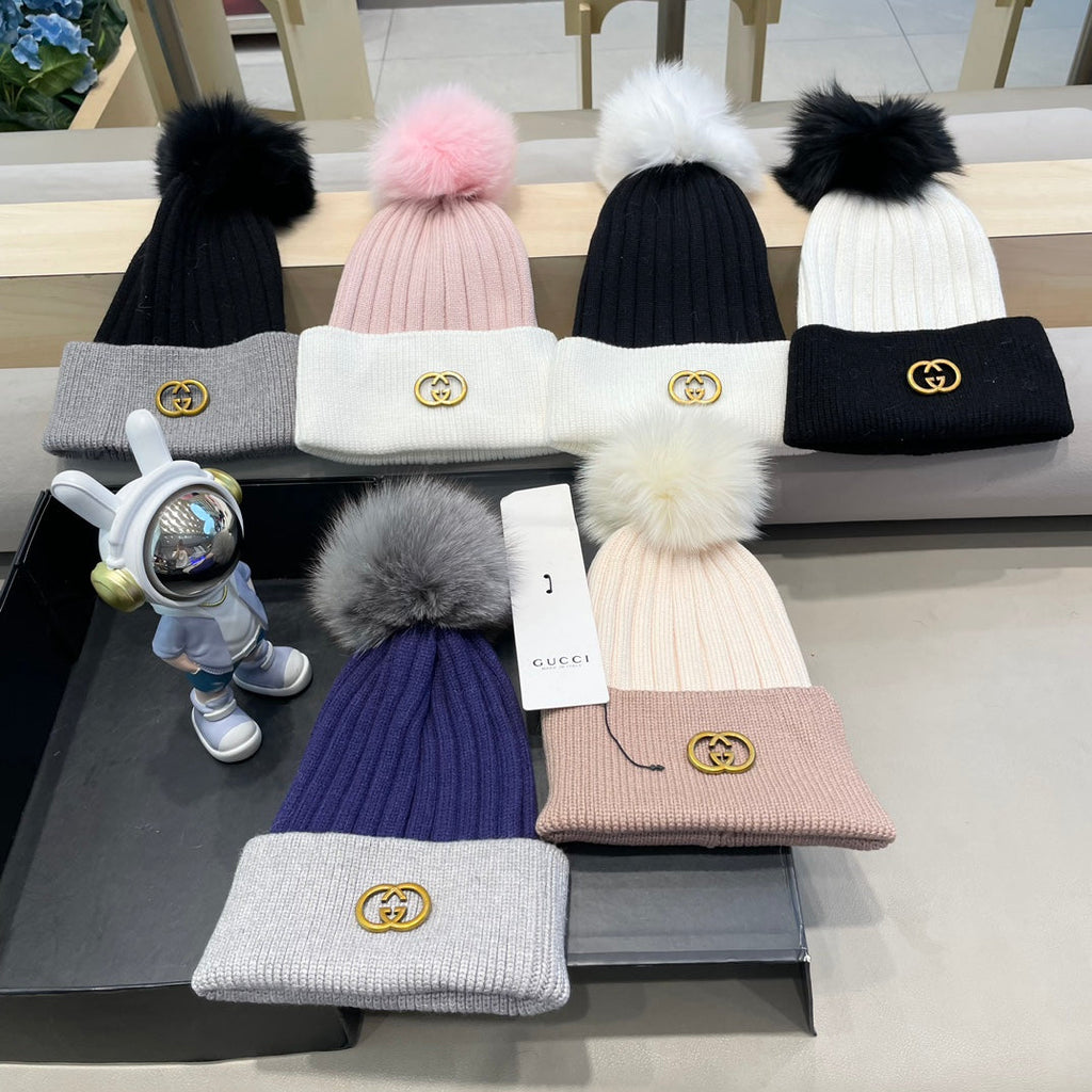 BEANIE HAT IN NAVY BLUE MIX LIGHT GRAY WOOL AND FOX FUR 422501