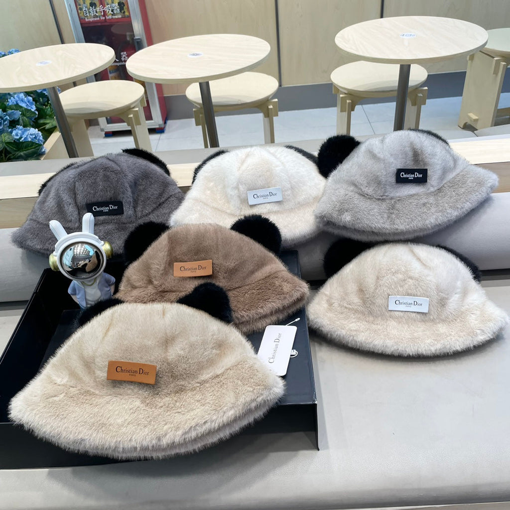 BUCKET HAT WITH CUTE BEAR EARS IN RHINO GRAY RABBIT FUR 434967