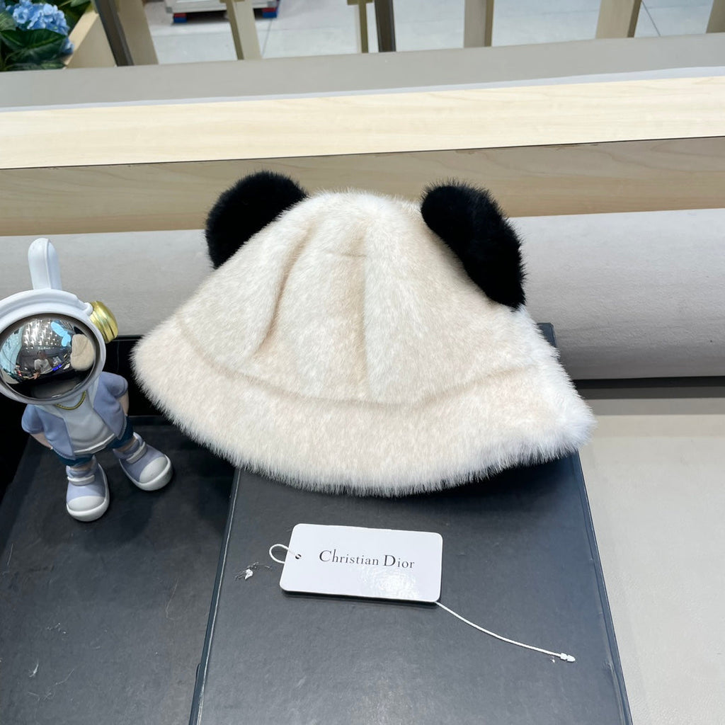 BUCKET HAT WITH CUTE BEAR EARS IN WHITE RABBIT FUR 434970