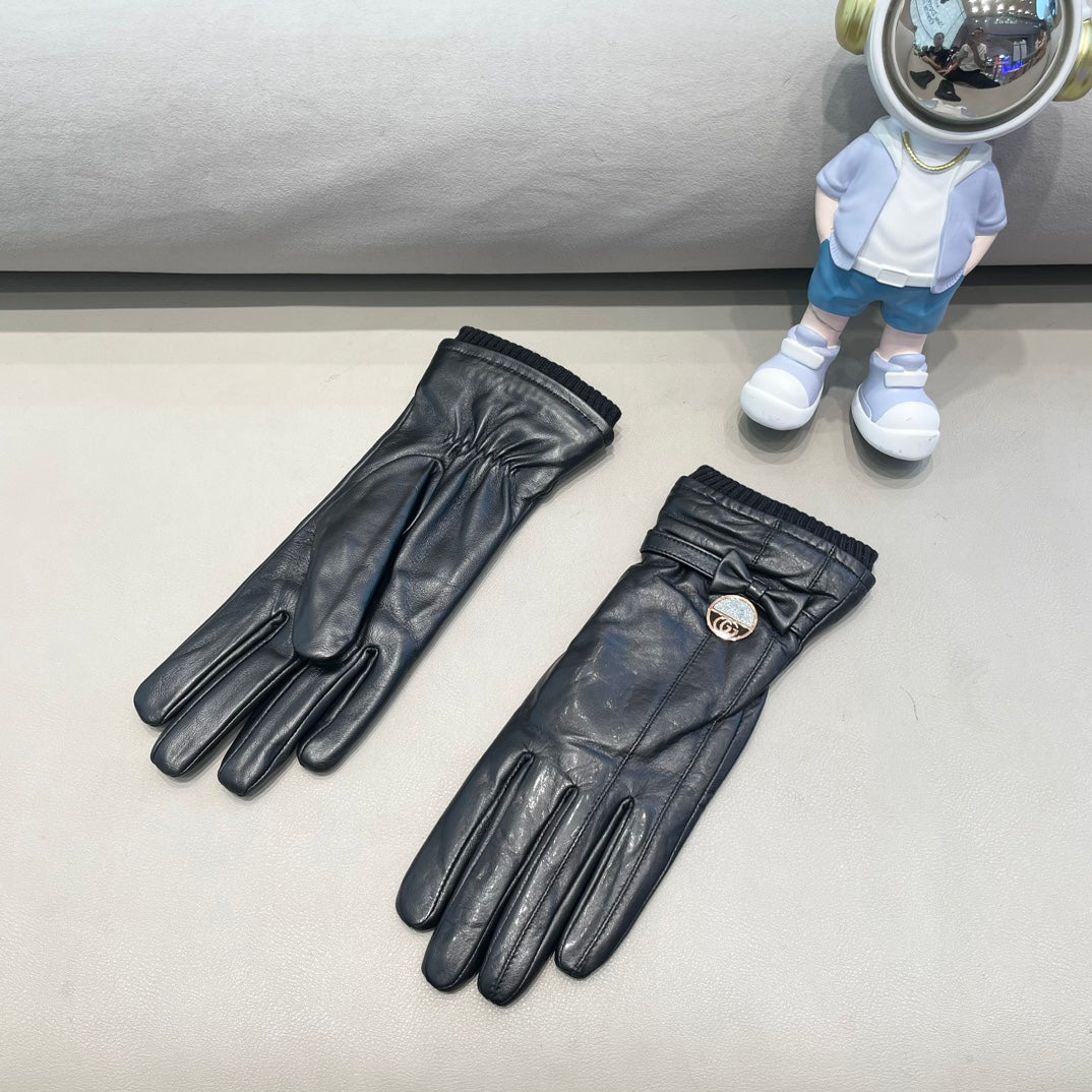 GLOVES ATTACHED BOW IN BLACK LAMBSKIN AND WOOL 429202