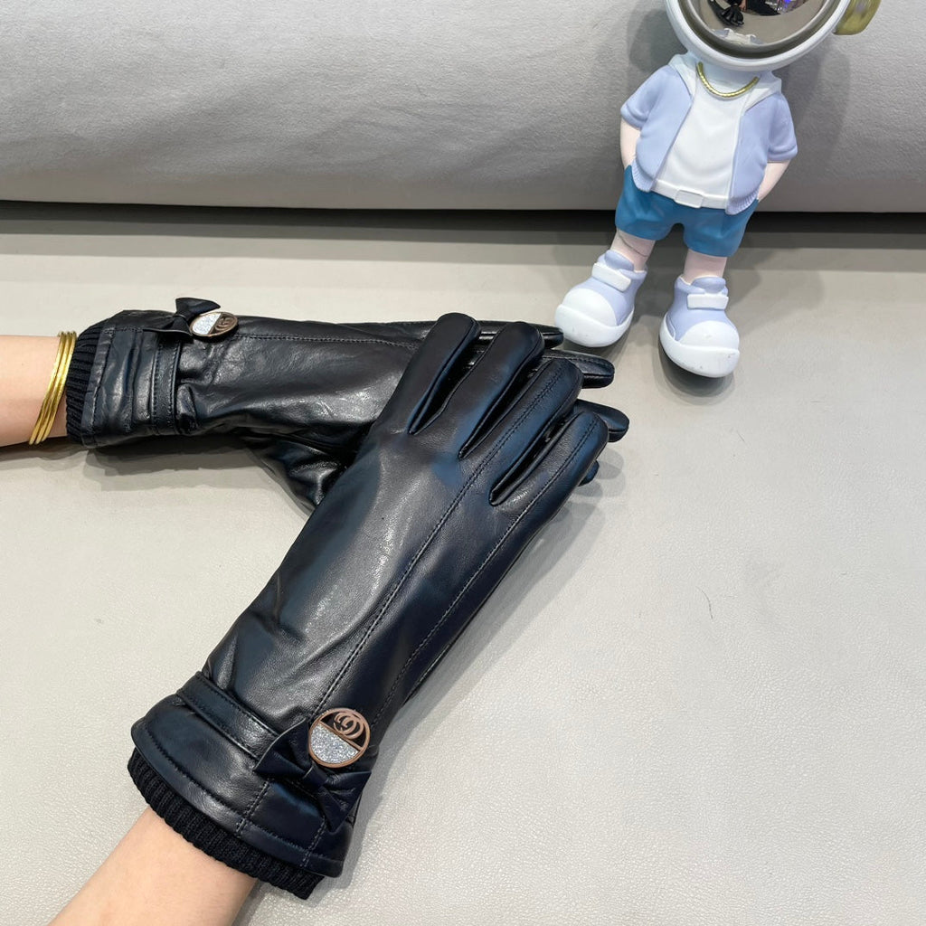 GLOVES ATTACHED BOW IN BLACK LAMBSKIN AND WOOL 429202