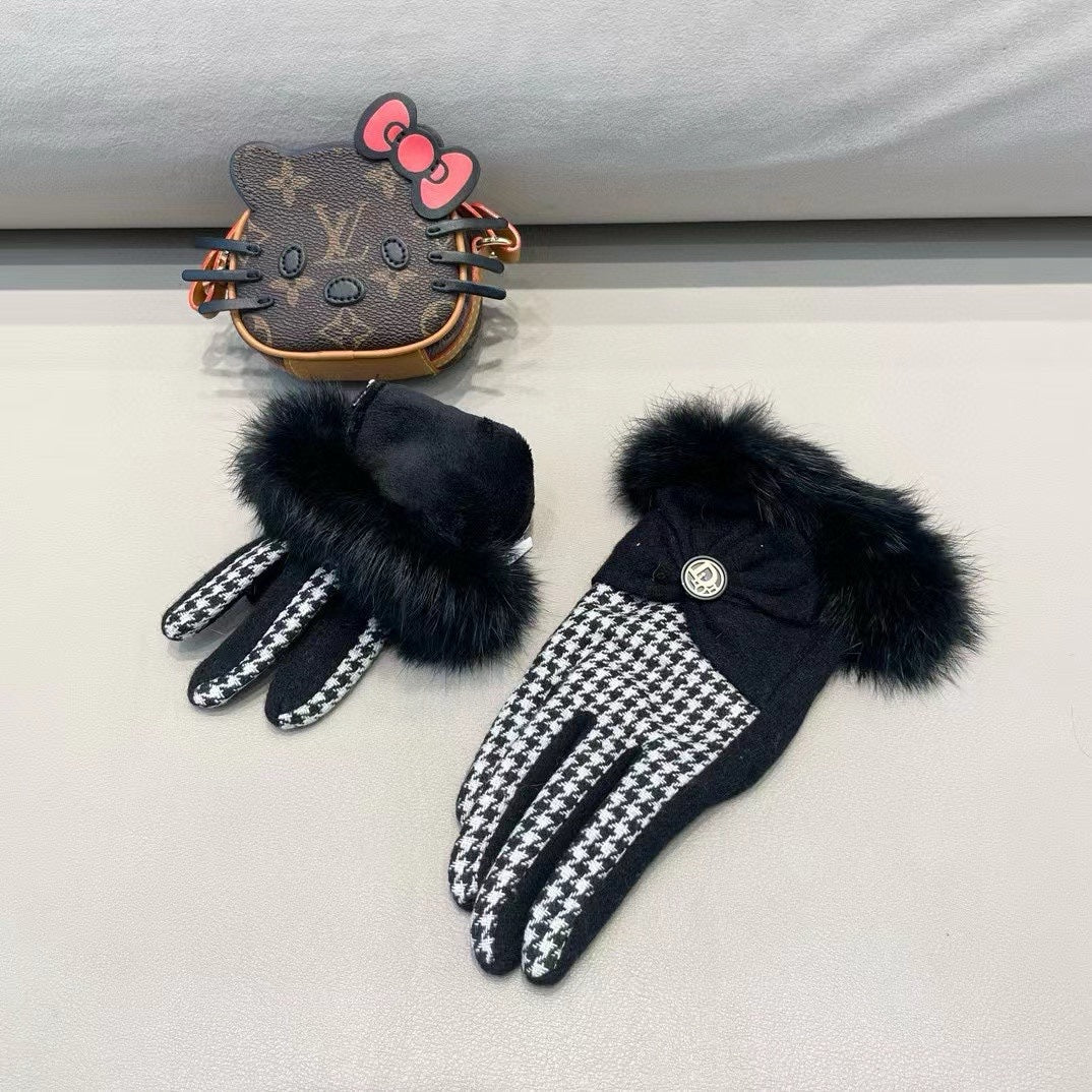 GLOVES WITH BOW IN BLACK MIX WHITE WOOL AND RABBIT FUR 453759