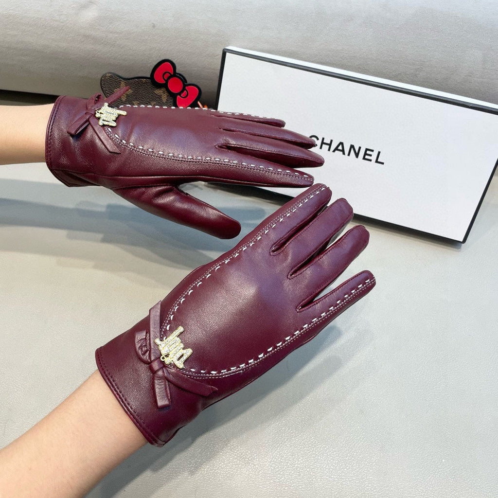 GLOVES ATTACHED BOW IN BURGUNDY RED LAMBSKIN 458529