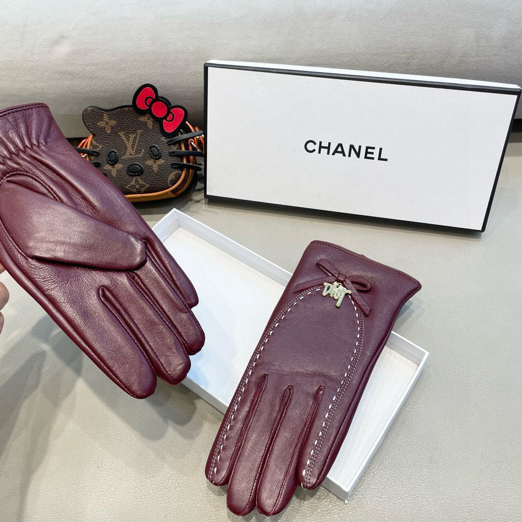GLOVES ATTACHED BOW IN BURGUNDY RED LAMBSKIN 458529