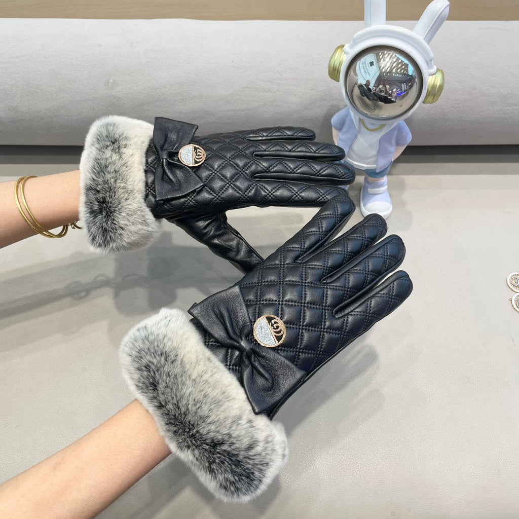 TOUCHSCREEN GLOVES WITH BOW IN BLACK RABBIT FUR MIX LAMBSKIN 463796