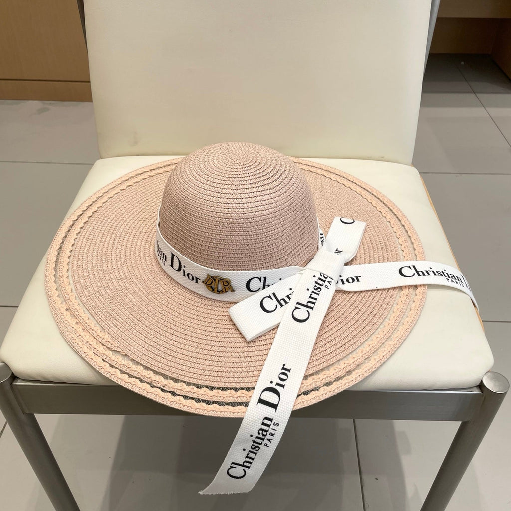 HAT IN LIGHT PINK BEIGE RAFFIA WIDE-BRIM MIX BIG WHITE BOW