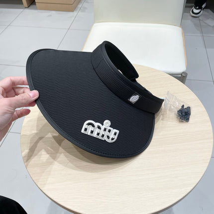 MIUMIU FASHION VISOR CAP IN BLACK AND WHITE WITH LOGO TEXT EMBROIDERY