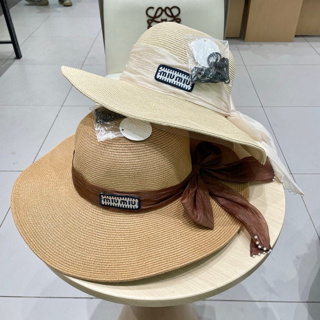 MIUMIU WIDE-BRIM BEACH HAT IN BEIGE WITH FABRIC BOW