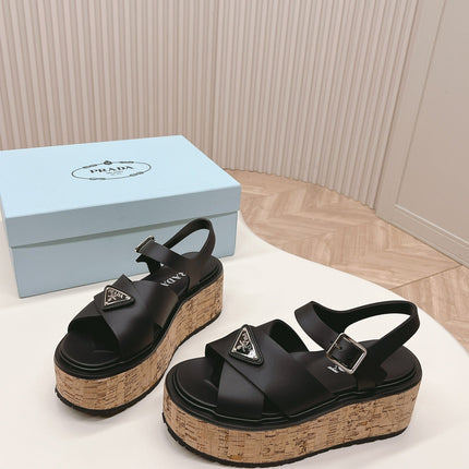 PRA WEDGE PLATFORM SANDALS BLACK CALFSKIN
