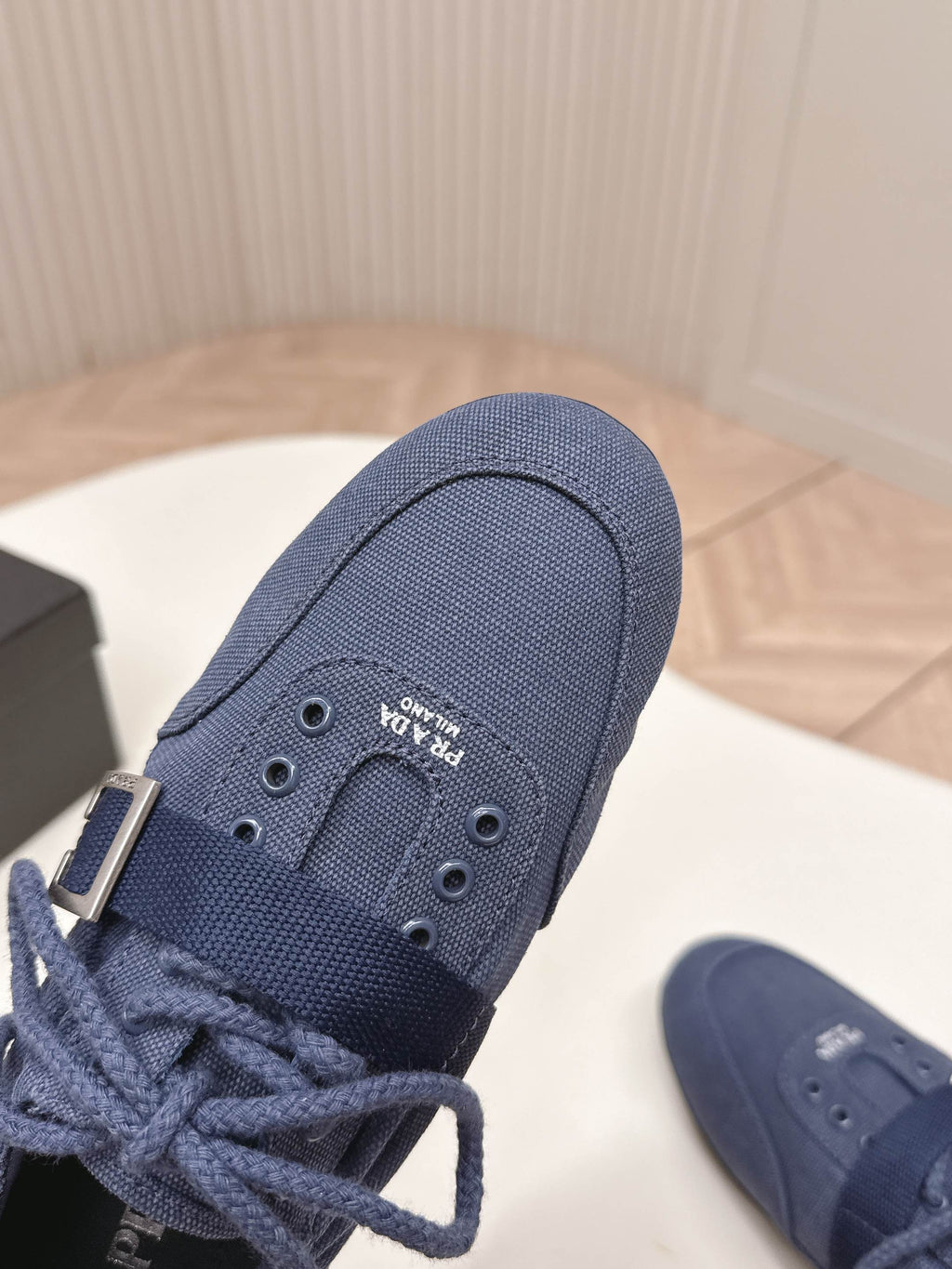 PRADA 26S LACE UP MINIMAL SNEAKERS IN NAVY BLUE CANVAS