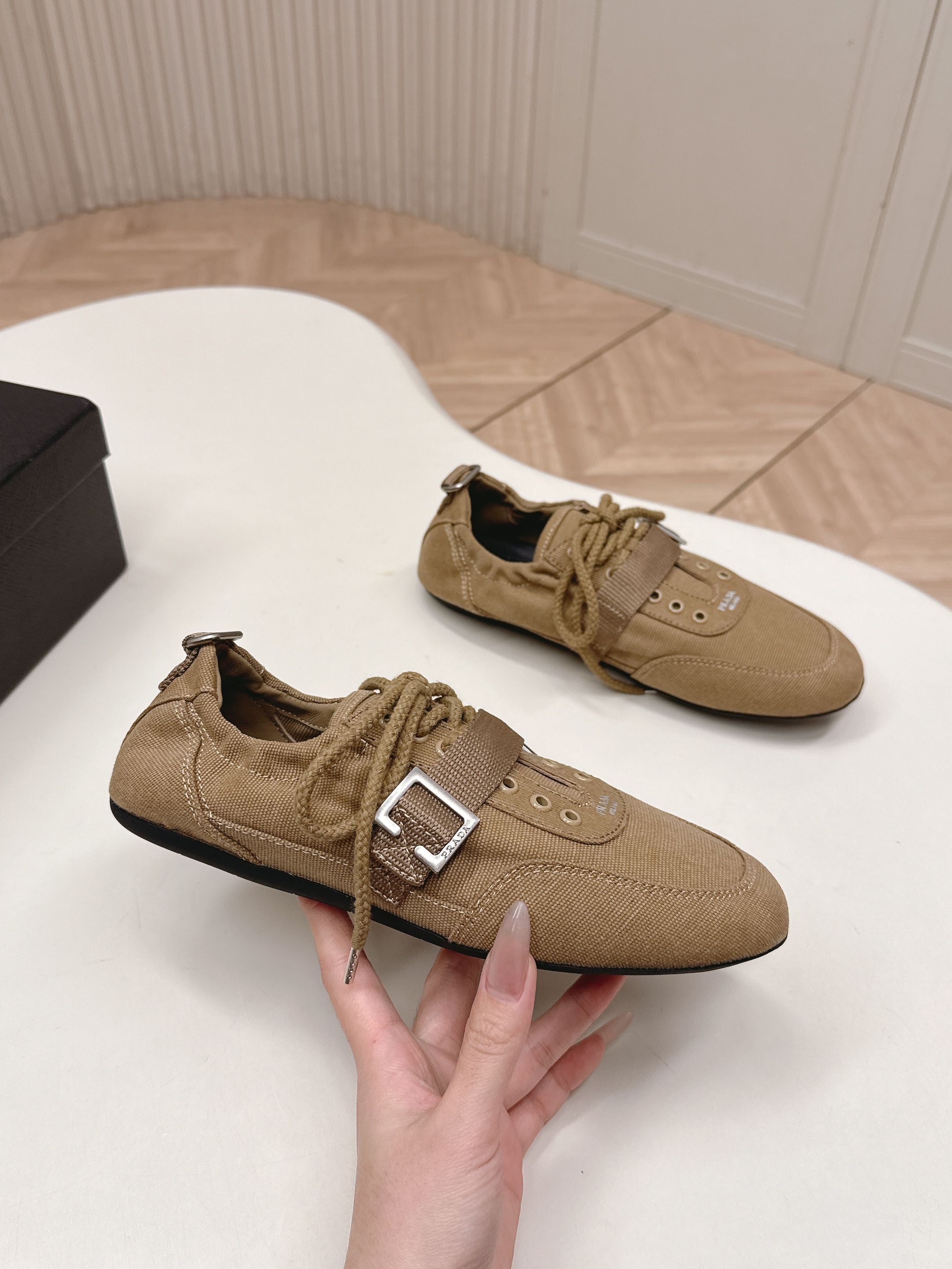 PRADA 26S LACE UP MINIMAL SNEAKERS IN BROWN CANVAS