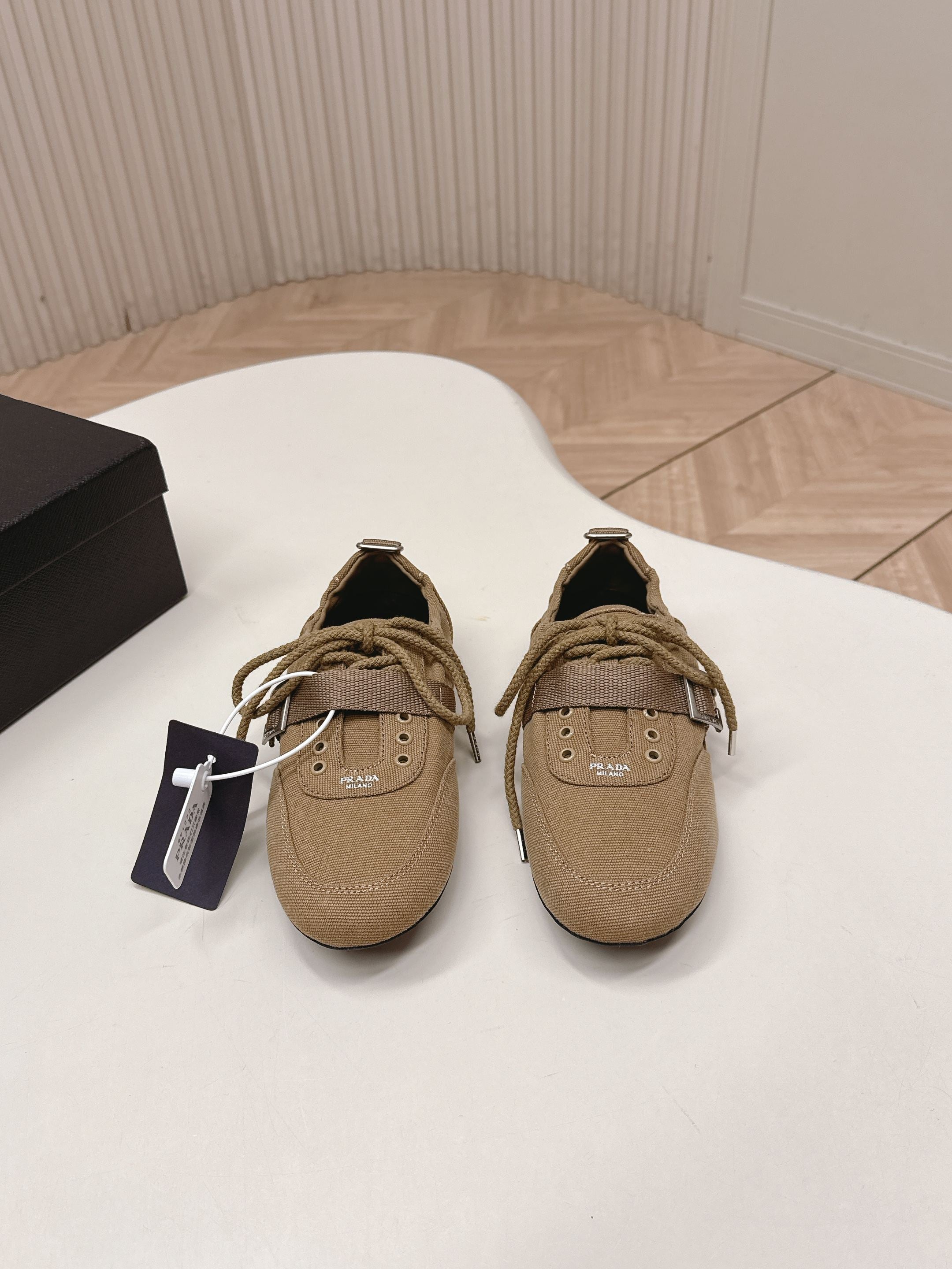 PRADA 26S LACE UP MINIMAL SNEAKERS IN BROWN CANVAS