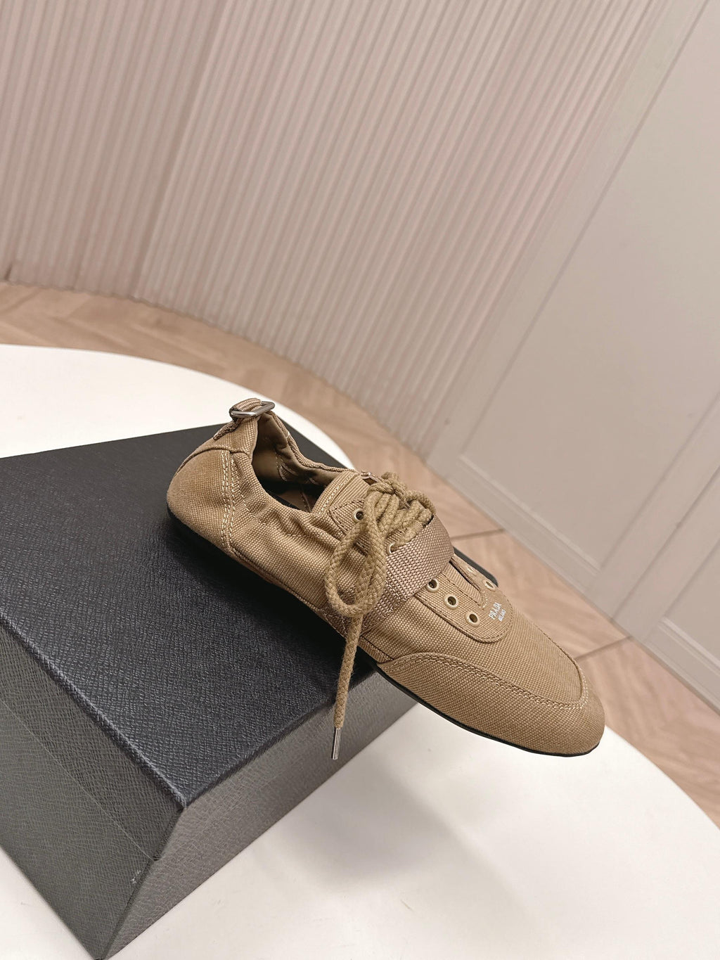 PRADA 26S LACE UP MINIMAL SNEAKERS IN BROWN CANVAS