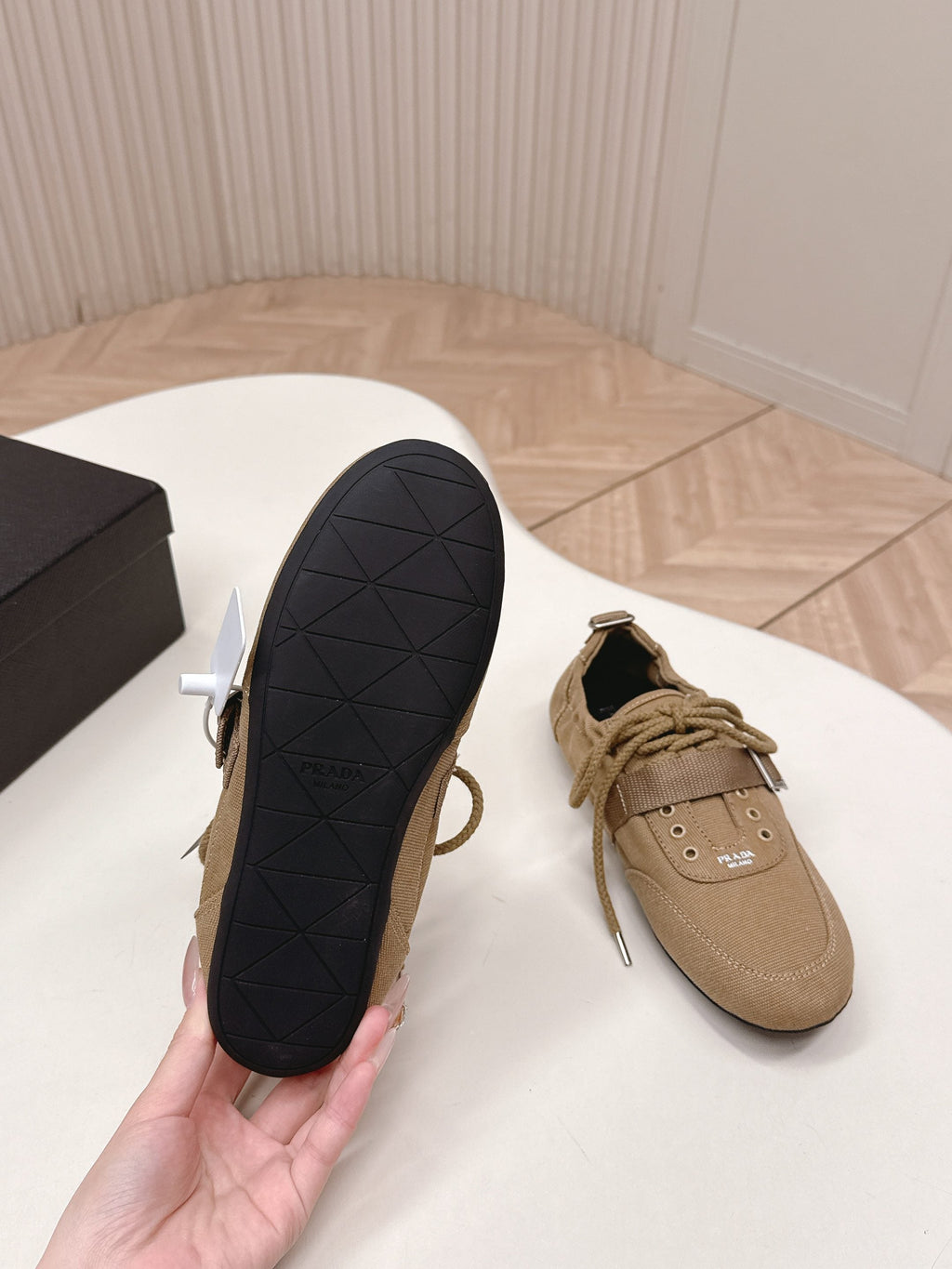 PRADA 26S LACE UP MINIMAL SNEAKERS IN BROWN CANVAS