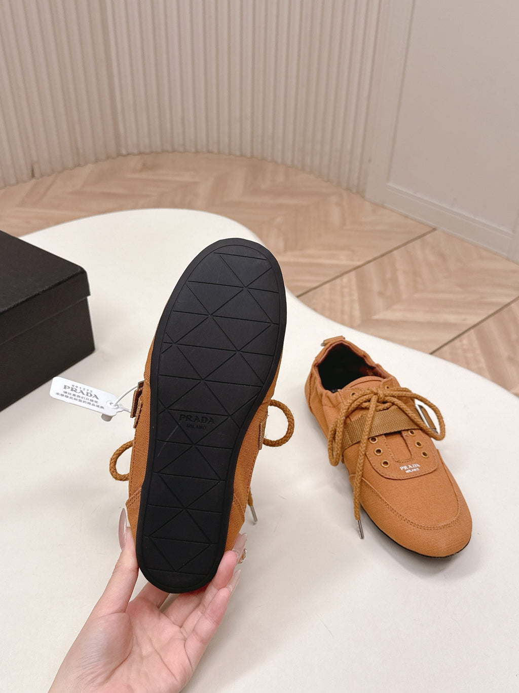 PRADA 26S LACE UP MINIMAL SNEAKERS IN CARAMEL BROWN CANVAS