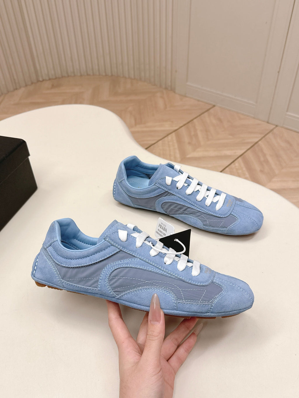 PRADA 26S SNEAKERS IN BLUE QUILTED NYLON AND SUEDE