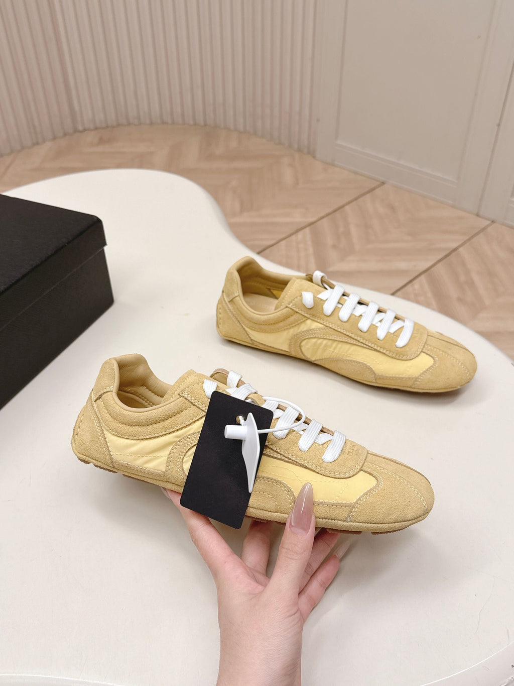 PRADA 26S SNEAKERS IN YELLOW QUILTED NYLON AND SUEDE