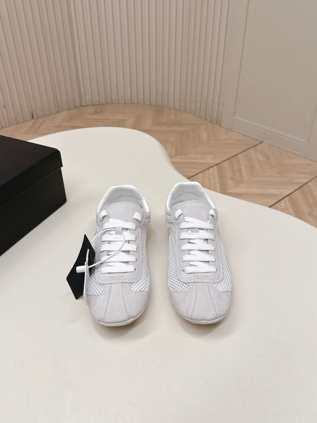 PRADA 26S CLASSIC SNEAKERS IN LIGHT GREY SUEDE AND MESH
