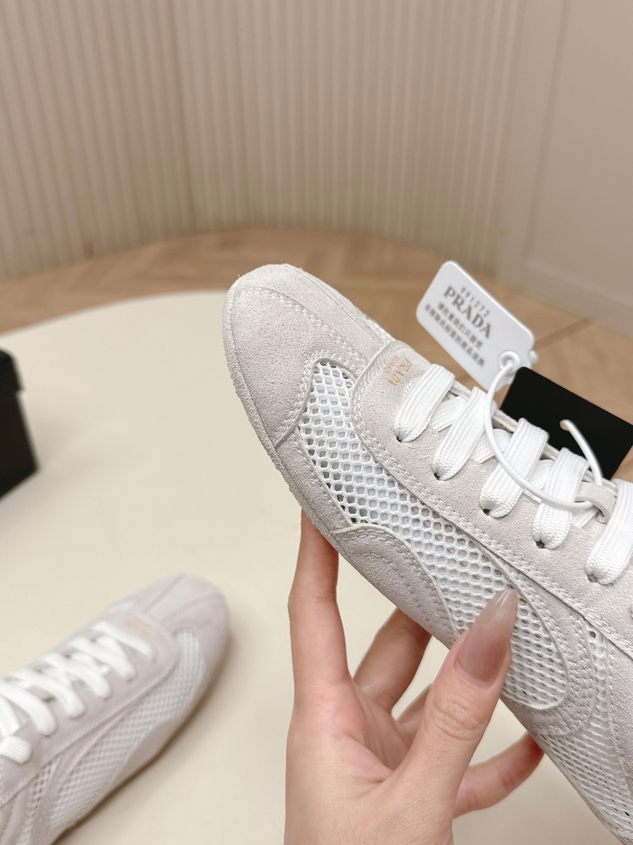 PRADA 26S CLASSIC SNEAKERS IN LIGHT GREY SUEDE AND MESH
