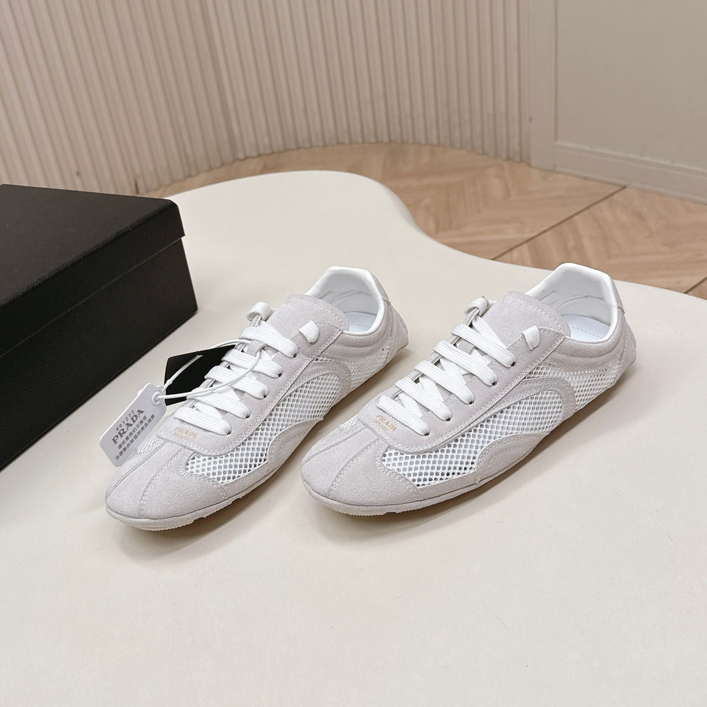 PRADA 26S CLASSIC SNEAKERS IN LIGHT GREY SUEDE AND MESH