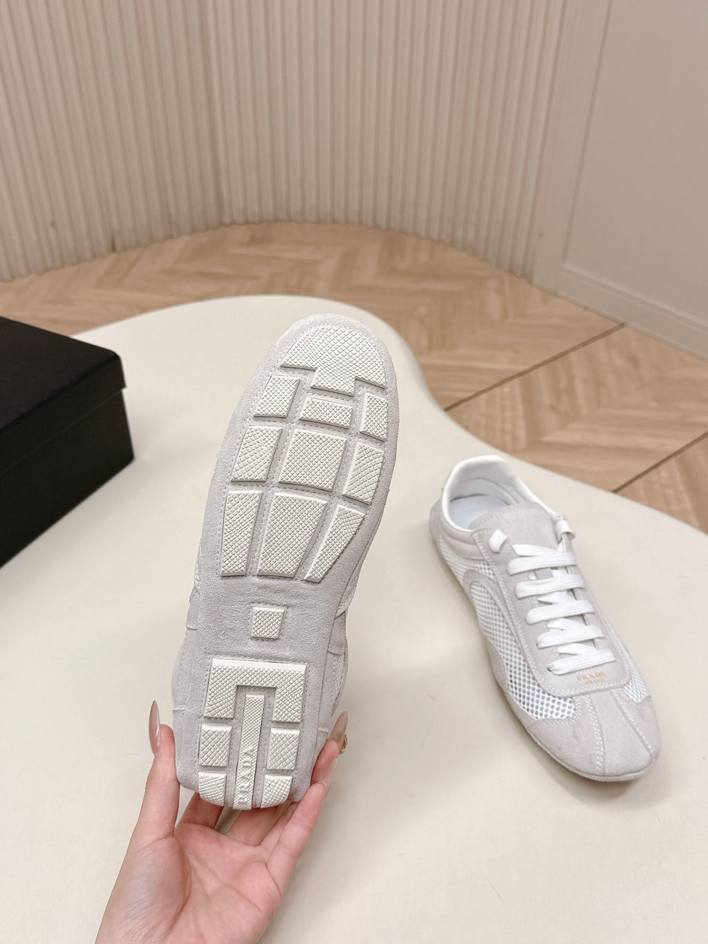 PRADA 26S CLASSIC SNEAKERS IN LIGHT GREY SUEDE AND MESH