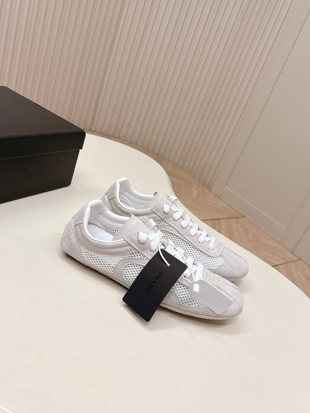 PRADA 26S CLASSIC SNEAKERS IN LIGHT GREY SUEDE AND MESH