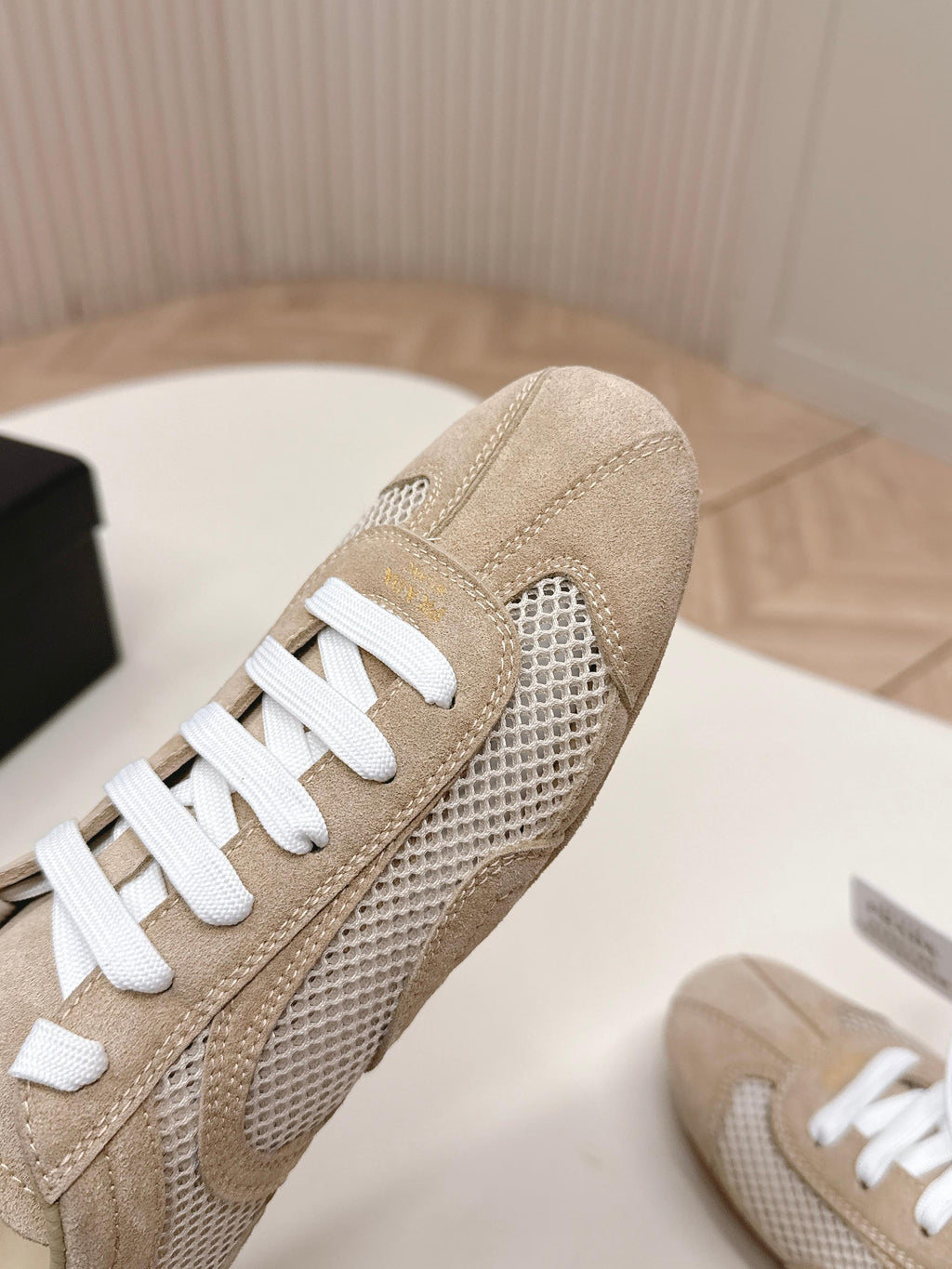 PRADA 26S CLASSIC SNEAKERS IN BEIGE SUEDE AND MESH