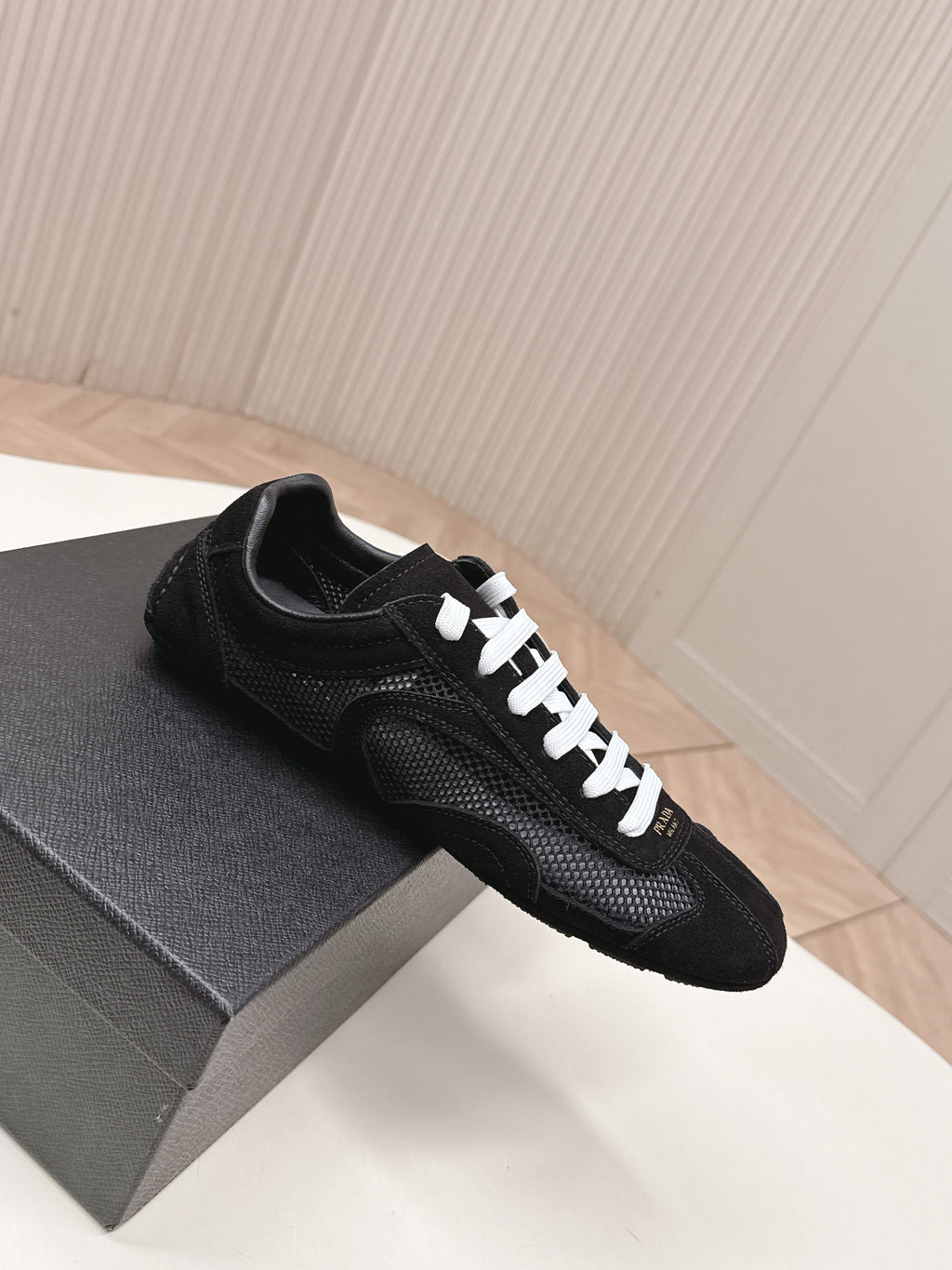 PRADA 26S CLASSIC SNEAKERS IN BLACK SUEDE AND MESH